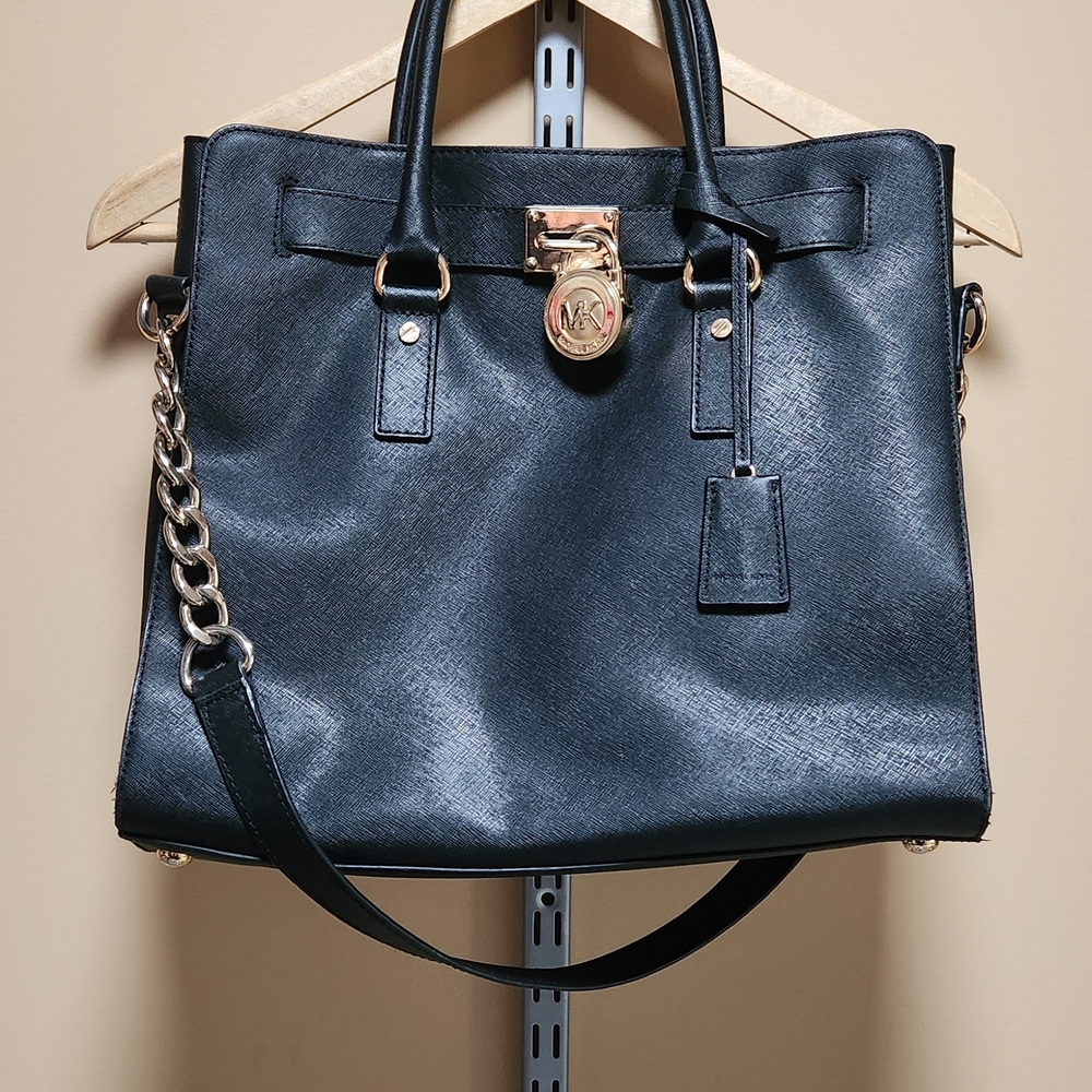 Michael Kors Black Hamilton Saffiano Leather Satchel Tote Bag With Gold Accents